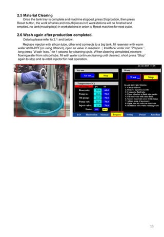 15
2.5 Material Clearing
Once the tank tray is complete and machine stopped, press Stop button, then press
Reset button, the work of tanks and mouthpiecesin 6 workstationswill be finished and
emptied, no tank(mouthpiece) in workstationsin order to Reset machine for next cycle.
2.6 Wash again after production completed.
Details please refer to 2.1 and below.
Replace injector with silicon tube, other end connects to a big tank, fill reservoir with warm
water at 60-70℃(or using ethanol), open air valve in reservoir（ Interface: enter into “Prepare “,
long press “Wash1sec.“ for 1 second for cleaning cycle. When cleaning completed, no more
flowing water from silicon tube, fill with water continue cleaning until cleaned, short press “Stop“
again to stop and re-intall injector for next operation.
 