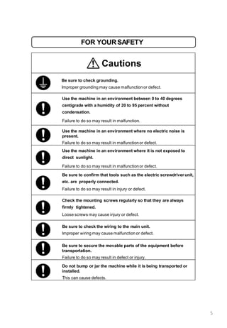 FOR YOURSAFETY
Cautions
Be sure to check grounding.
Improper grounding may cause malfunction or defect.
Use the machine in an environment between 0 to 40 degrees
centigrade with a humidity of 20 to 95 percent without
condensation.
Failure to do so may result in malfunction.
Use the machine in an environment where no electric noise is
present.
Failure to do so may result in malfunctionor defect.
Use the machine in an environment where it is not exposed to
direct sunlight.
Failure to do so may result in malfunctionor defect.
Be sure to confirm that tools such as the electric screwdriver unit,
etc. are properly connected.
Failure to do so may result in injury or defect.
Check the mounting screws regularly so that they are always
firmly tightened.
Loose screws may cause injury or defect.
Be sure to check the wiring to the main unit.
Improper wiring may cause malfunction or defect.
Be sure to secure the movable parts of the equipment before
transportation.
Failure to do so may result in defect or injury.
Do not bump or jar the machine while it is being transported or
installed.
This can cause defects.
5
 