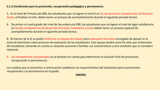 5.1.3 Condiciones para la promoción, recuperación pedagógica y permanencia
5. En el nivel de Primaria de EBR, los estudiantes que no logren el nivel A en las dos primeras competencias de Personal
Social, al finalizar el ciclo, deben tener un proceso de acompañamiento durante el siguiente periodo lectivo.
6. De primer al cuarto grado del nivel de Secundaria de EBR, los estudiantes que no logren el nivel de logro satisfactorio
en las dos competencias de Desarrollo Personal, Ciudadanía y Cívica deben tener un proceso especial de
acompañamiento durante el siguiente periodo lectivo.
8. Al interior de la IE se podrá conformar un Equipo de trabajo para evaluación formativa encargado de apoyar en la
toma de decisiones sobre procesos de evaluación de los estudiantes. Este equipo tendrá como fin velar por el bienestar
del estudiante; tomando en cuenta su situación personal o familiar, sus características u otra condición que se considere
relevante.
9. Las competencias transversales no se tendrán en cuenta para determinar la situación final de promoción,
recuperación ni permanencia.
Los cuadros que se presentan a continuación establecen los requerimientos del estudiante para la promoción,
recuperación y la permanencia en el grado:
ANEXOS
 