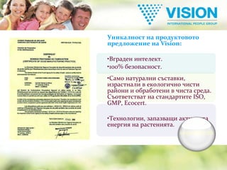 Уникалност на продуктовото предложение на  Vision : Вграден интелект. 100% безопасност. Само натурални съставки, израстнали в екологично чисти райони и обработени в чиста среда. Съответстват на стандартите  ISO, GMP, Ecocert. Технологии, запазващи активната енергия на растенията. UNIQUENESS 