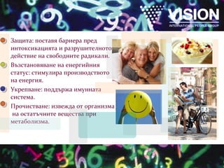 Защита: поставя бариера пред интоксикацията и разрушителното действие на свободните радикали. Възстановяване на енергийния статус: стимулира производството на енергия. Укрепване: поддържа имунната система. Прочистване: извежда от организма  на остатъчните вещества при метаболизма. 