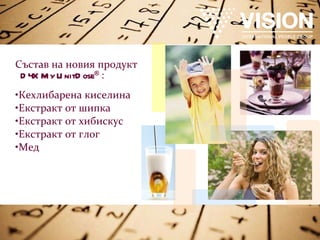 Състав на новия продукт  D4X My UnitDose ®  : Кехлибарена киселина Екстракт от шипка Екстракт от хибискус Екстракт от глог Мед 