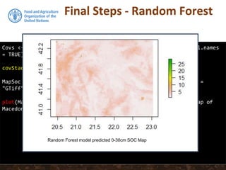 Final Steps - Random Forest
Covs <- list.files(path = "C:/mc/covs", pattern = ".tif$",full.names
= TRUE)
covStack <- stack(Covs)
MapSoc <- predict(covStack, modelF, "SOCMAPofMAcedonia", format =
"GTiff", datatype = "FLT4S", overwrite = TRUE)
plot(MapSoc, main = "Random Forest model predicted 0-30cm SOC Map of
Macedonia %")
Random Forest model predicted 0-30cm SOC Map
 