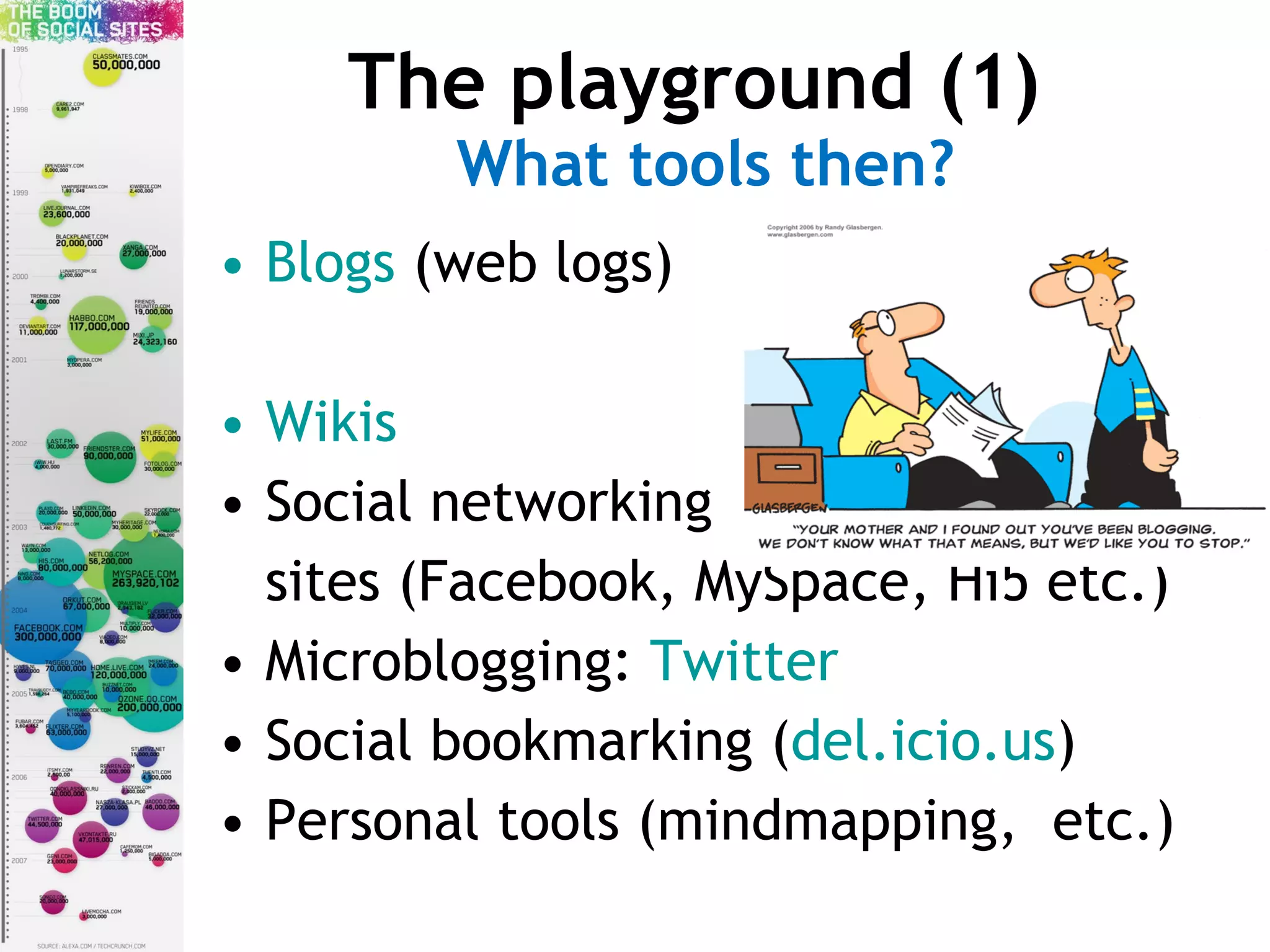 The playground (1)  What tools then? Blogs  (web logs) Wikis Social networking sites (Facebook, MySpace, Hi5 etc.) Microblogging:  Twitter Social bookmarking ( del.icio.us ) Personal tools (mindmapping,  etc.) 