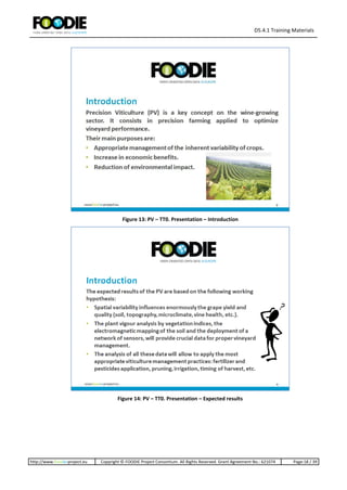 D5.4.1 Training Materials
http://www.foodie-project.eu Copyright © FOODIE Project Consortium. All Rights Reserved. Grant Agreement No.: 621074 Page:18 / 39
Figure 13: PV – TT0. Presentation – Introduction
Figure 14: PV – TT0. Presentation – Expected results
 