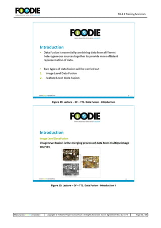 D5.4.1 Training Materials
http://www.foodie-project.eu Copyright © FOODIE Project Consortium. All Rights Reserved. Grant Agreement No.: 621074 Page:36 / 39
Figure 49: Lecture – DF – TT1. Data Fusion - Introduction
Figure 50: Lecture – DF – TT1. Data Fusion - Introduction II
 