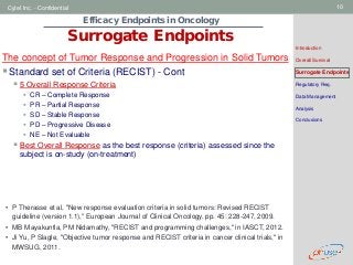 Geneva Branch
Cytel Inc. - Confidential 10
Efficacy Endpoints in Oncology
Surrogate Endpoints
Introduction
Overall Survival
Surrogate Endpoints
Regulatory Req.
Data Management
Analysis
Conclusions
The concept of Tumor Response and Progression in Solid Tumors
Standard set of Criteria (RECIST) - Cont
 5 Overall Response Criteria
 CR – Complete Response
 PR – Partial Response
 SD – Stable Response
 PD – Progressive Disease
 NE – Not Evaluable
 Best Overall Response as the best response (criteria) assessed since the
subject is on-study (on-treatment)
• P Therasse et al, "New response evaluation criteria in solid tumors: Revised RECIST
guideline (version 1.1)," European Journal of Clinical Oncology, pp. 45: 228-247, 2009.
• MB Mayakuntla, PM Nidamathy, "RECIST and programming challenges," in IASCT, 2012.
• Ji Yu, P Slagle, "Objective tumor response and RECIST criteria in cancer clinical trials," in
MWSUG, 2011.
 