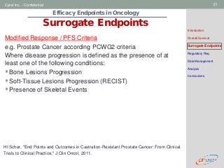 Geneva Branch
Cytel Inc. - Confidential 21
Efficacy Endpoints in Oncology
Surrogate Endpoints
Introduction
Overall Survival
Surrogate Endpoints
Regulatory Req.
Data Management
Analysis
Conclusions
Modified Response / PFS Criteria
e.g. Prostate Cancer according PCWG2 criteria
Where disease progression is defined as the presence of at
least one of the following conditions:
Bone Lesions Progression
Soft-Tissue Lesions Progression (RECIST)
Presence of Skeletal Events
HI Scher, "End Points and Outcomes in Castration-Resistant Prostate Cancer: From Clinical
Trials to Clinical Practice," J Clin Oncol, 2011.
 