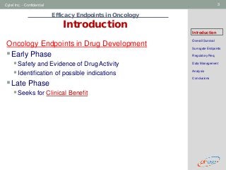 Geneva Branch
Cytel Inc. - Confidential 3
Efficacy Endpoints in Oncology
Introduction
Introduction
Overall Survival
Surrogate Endpoints
Regulatory Req.
Data Management
Analysis
Conclusions
Oncology Endpoints in Drug Development
Early Phase
Safety and Evidence of Drug Activity
Identification of possible indications
Late Phase
Seeks for Clinical Benefit
 