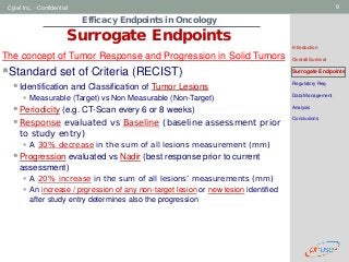 Geneva Branch
Cytel Inc. - Confidential 9
Efficacy Endpoints in Oncology
Surrogate Endpoints
Introduction
Overall Survival
Surrogate Endpoints
Regulatory Req.
Data Management
Analysis
Conclusions
The concept of Tumor Response and Progression in Solid Tumors
Standard set of Criteria (RECIST)
 Identification and Classification of Tumor Lesions
 Measurable (Target) vs Non Measurable (Non-Target)
 Periodicity (e.g. CT-Scan every 6 or 8 weeks)
 Response evaluated vs Baseline (baseline assessment prior
to study entry)
 A 30% decrease in the sum of all lesions measurement (mm)
 Progression evaluated vs Nadir (best response prior to current
assessment)
 A 20% increase in the sum of all lesions’ measurements (mm)
 An increase / prgression of any non-target lesion or new lesion identified
after study entry determines also the progression
 