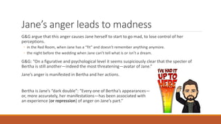 Jane’s anger leads to madness
G&G argue that this anger causes Jane herself to start to go mad, to lose control of her
perceptions.
◦ in the Red Room, when Jane has a “fit” and doesn’t remember anything anymore.
◦ the night before the wedding when Jane can’t tell what is or isn’t a dream.
G&G: “On a figurative and psychological level it seems suspiciously clear that the specter of
Bertha is still another—indeed the most threatening—avatar of Jane.”
Jane’s anger is manifested in Bertha and her actions.
Bertha is Jane’s “dark double”: “Every one of Bertha’s appearances—
or, more accurately, her manifestations—has been associated with
an experience (or repression) of anger on Jane’s part.”
 