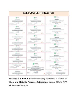 Students of II EEE B have successfully completed a course on
‘Step into Robotic Process Automation’ during GUVI’s RPA
SKILL-A-THON 2020.
EEE | GUVI CERTIFICATION
 