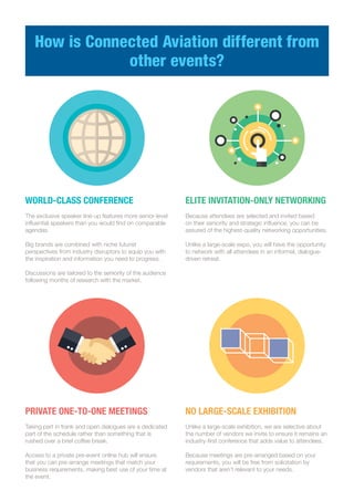How is Connected Aviation different from
other events?
WORLD-CLASS CONFERENCE
The exclusive speaker line-up features more senior-level
influential speakers than you would find on comparable
agendas.
Big brands are combined with niche futurist
perspectives from industry disruptors to equip you with
the inspiration and information you need to progress.
Discussions are tailored to the seniority of the audience
following months of research with the market.
ELITE INVITATION-ONLY NETWORKING
Because attendees are selected and invited based
on their seniority and strategic influence, you can be
assured of the highest-quality networking opportunities.
Unlike a large-scale expo, you will have the opportunity
to network with all attendees in an informal, dialogue-
driven retreat.
PRIVATE ONE-TO-ONE MEETINGS
Taking part in frank and open dialogues are a dedicated
part of the schedule rather than something that is
rushed over a brief coffee break.
Access to a private pre-event online hub will ensure
that you can pre-arrange meetings that match your
business requirements, making best use of your time at
the event.
NO LARGE-SCALE EXHIBITION
Unlike a large-scale exhibition, we are selective about
the number of vendors we invite to ensure it remains an
industry-first conference that adds value to attendees.
Because meetings are pre-arranged based on your
requirements, you will be free from solicitation by
vendors that aren’t relevant to your needs.
 