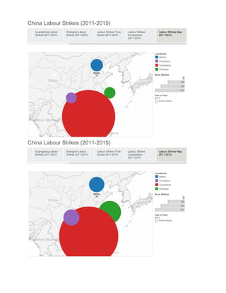 China Labour Strikes (2011-2015)
Guangdong Labour
Strikes 2011-2015
Shanghai Labour
Strikes 2011-2015
Labour Strikes Time
Series 2011-2015
Labour Strikes
Comparison
2011-2015
Labour Strikes Map
2011-2015
Beijing
13
Locations
Beijing
Chongqing
Guangdong
Shanghai
Num Strikes
2
100
200
301
Year of Year
2013
Show History
China Labour Strikes (2011-2015)
Guangdong Labour
Strikes 2011-2015
Shanghai Labour
Strikes 2011-2015
Labour Strikes Time
Series 2011-2015
Labour Strikes
Comparison
2011-2015
Labour Strikes Map
2011-2015
Beijing
20
Locations
Beijing
Chongqing
Guangdong
Shanghai
Num Strikes
2
100
200
301
Year of Year
2014
Show History
 