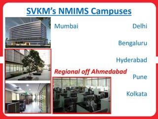 SVKM’s NMIMS Campuses
Mumbai
Regional off Ahmedabad
Delhi
Bengaluru
Hyderabad
Pune
Kolkata
 