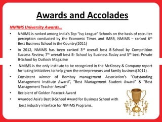 Awards and Accolades
NMIMS University Awards…
• NMIMS is ranked among India’s Top “Ivy League” Schools on the basis of recruiter
perception conducted by the Economic Times and IMRB, NMIMS – ranked 6th
Best Business School in the Country(2011)
• In 2012, NMIMS has been ranked 3rd overall best B-School by Competition
Success Review, 7th overall best B- School by Business Today and 5th best Private
B-School by Outlook Magazine
• NMIMS is the only institute to be recognized in the McKinsey & Company report
for taking initiatives to help grow the entrepreneurs and family business(2011)
• Consistent winner of Bombay management Association’s “Outstanding
Management Institute Award”, “Best Management Student Award” & “Best
Management Teacher Award”
• Recipient of Golden Peacock Award
• Awarded Asia’s Best B-School Award for Business School with
best industry interface for NMIMS Programs.
 