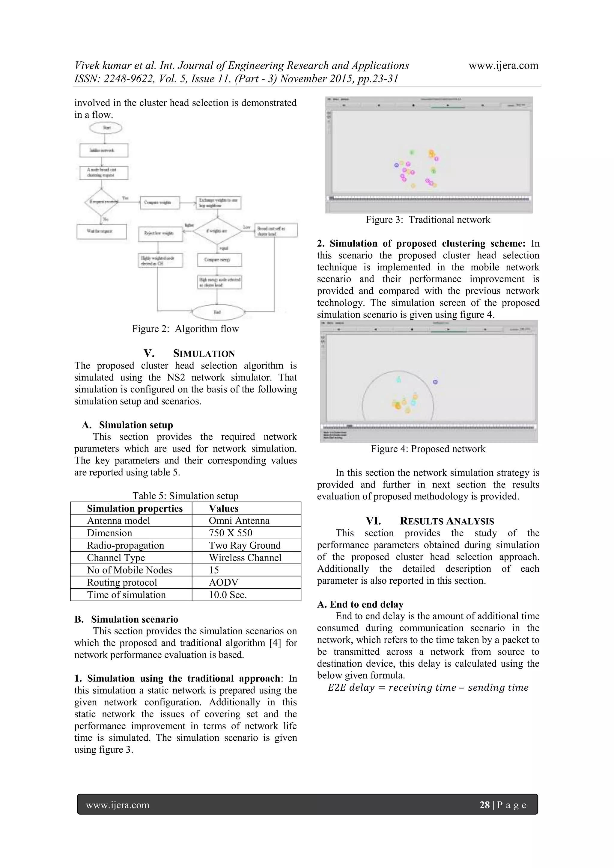 Vivek kumar et al. Int. Journal of Engineering Research and Applications www.ijera.com
ISSN: 2248-9622, Vol. 5, Issue 11, (Part - 3) November 2015, pp.23-31
www.ijera.com 28 | P a g e
involved in the cluster head selection is demonstrated
in a flow.
Figure 2: Algorithm flow
V. SIMULATION
The proposed cluster head selection algorithm is
simulated using the NS2 network simulator. That
simulation is configured on the basis of the following
simulation setup and scenarios.
A. Simulation setup
This section provides the required network
parameters which are used for network simulation.
The key parameters and their corresponding values
are reported using table 5.
Table 5: Simulation setup
Simulation properties Values
Antenna model Omni Antenna
Dimension 750 X 550
Radio-propagation Two Ray Ground
Channel Type Wireless Channel
No of Mobile Nodes 15
Routing protocol AODV
Time of simulation 10.0 Sec.
B. Simulation scenario
This section provides the simulation scenarios on
which the proposed and traditional algorithm [4] for
network performance evaluation is based.
1. Simulation using the traditional approach: In
this simulation a static network is prepared using the
given network configuration. Additionally in this
static network the issues of covering set and the
performance improvement in terms of network life
time is simulated. The simulation scenario is given
using figure 3.
Figure 3: Traditional network
2. Simulation of proposed clustering scheme: In
this scenario the proposed cluster head selection
technique is implemented in the mobile network
scenario and their performance improvement is
provided and compared with the previous network
technology. The simulation screen of the proposed
simulation scenario is given using figure 4.
Figure 4: Proposed network
In this section the network simulation strategy is
provided and further in next section the results
evaluation of proposed methodology is provided.
VI. RESULTS ANALYSIS
This section provides the study of the
performance parameters obtained during simulation
of the proposed cluster head selection approach.
Additionally the detailed description of each
parameter is also reported in this section.
A. End to end delay
End to end delay is the amount of additional time
consumed during communication scenario in the
network, which refers to the time taken by a packet to
be transmitted across a network from source to
destination device, this delay is calculated using the
below given formula.
𝐸2𝐸 𝑑𝑒𝑙𝑎𝑦 = 𝑟𝑒𝑐𝑒𝑖𝑣𝑖𝑛𝑔 𝑡𝑖𝑚𝑒 – 𝑠𝑒𝑛𝑑𝑖𝑛𝑔 𝑡𝑖𝑚𝑒
 