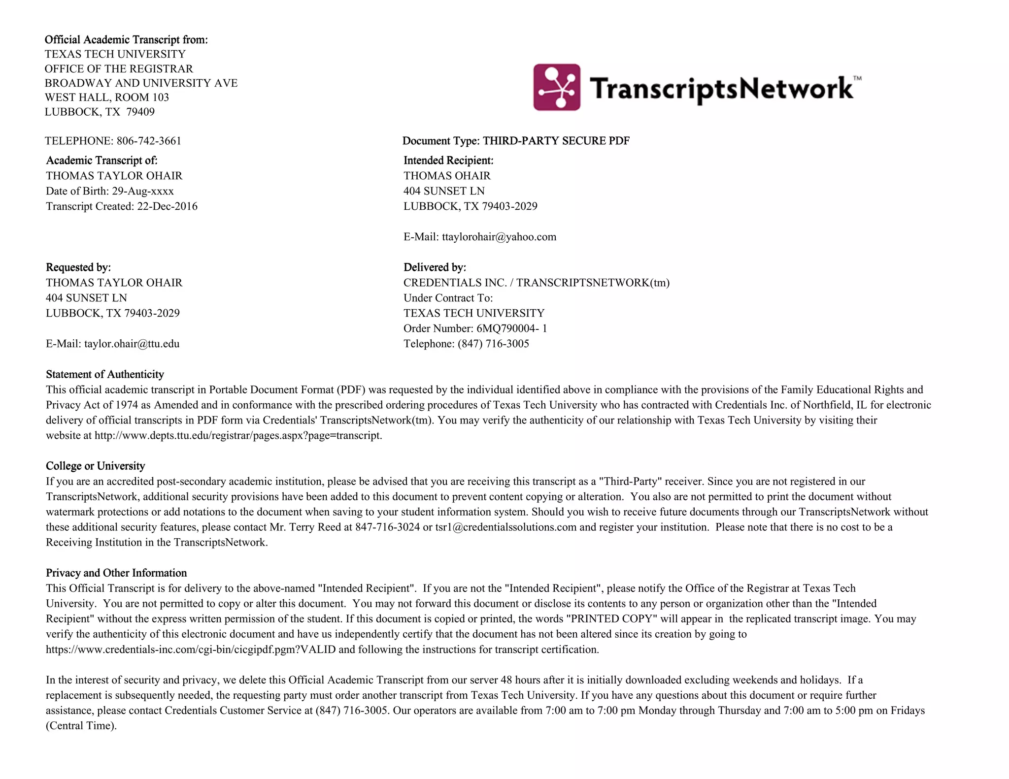 TTU Official Transcript | PDF