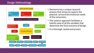 Design Methodology
• Desmania has a unique research
process that strives to capture the
physical, sensorial & emotional needs
of the consumers.
• The systems approach facilitates a
holistic view of all the variables that
determine the final outcome of design.
• It is thorough, tested and proven.
 