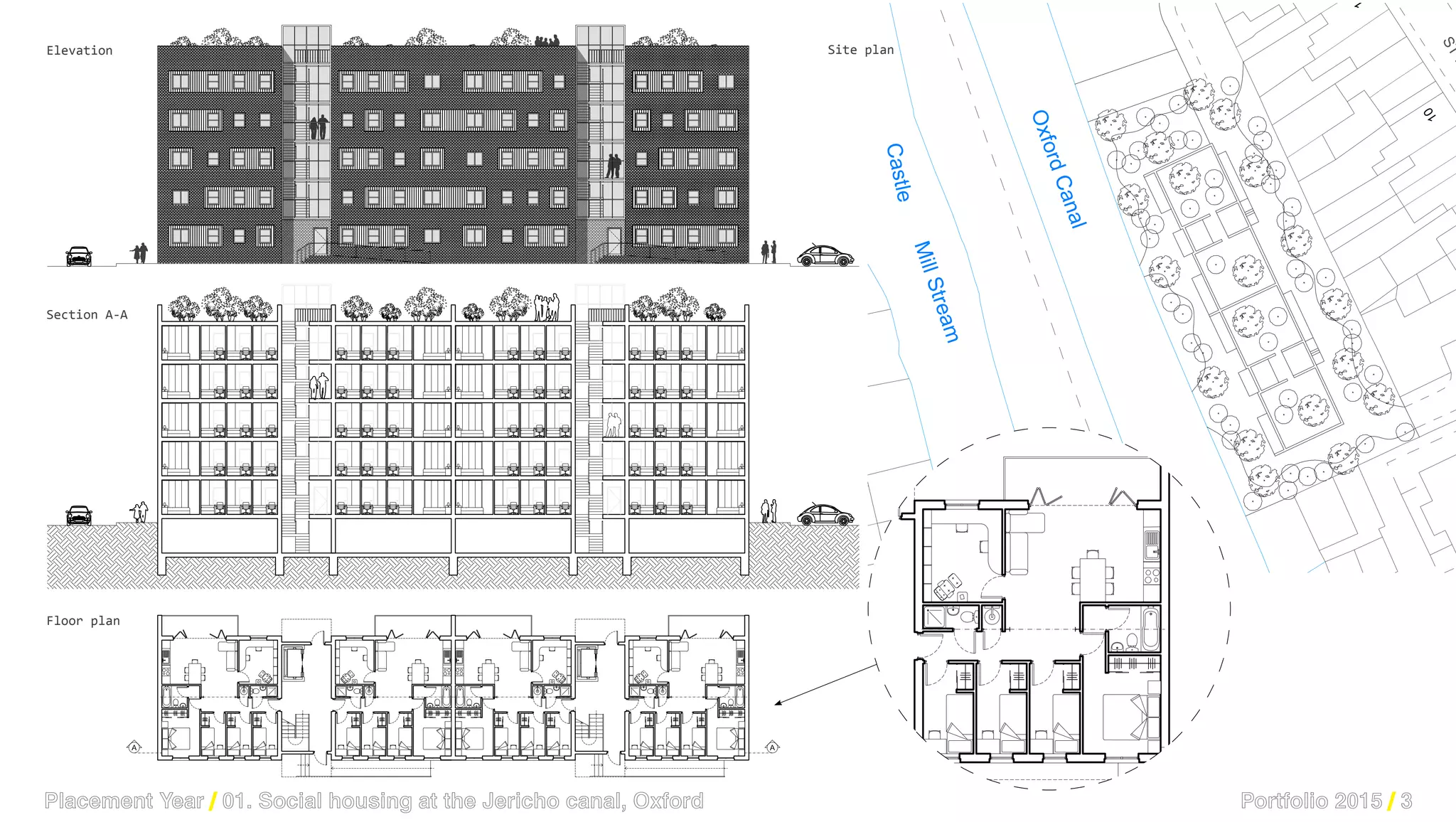 Portfolio 2015 / 3Placement Year / 01. Social housing at the Jericho canal, Oxford	
Pump
96
86
Weir
102
House
Weir
10
STB
MillStream
OxfordCanal
Castle
Elevation Site plan
Section A-A
Floor plan
 