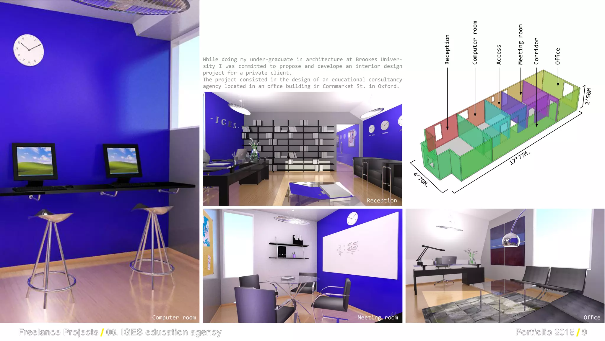 Portfolio 2015 / 9
/ 05 - DESIGN PROJECTS / 01 - IG FOR EDUCATION SERVICES
RECEPTION OFFICE
43
/ 05 - DESIGN PROJECTS / 01 - IG FOR EDUCATION SERVICES
RECEPTION OFFICE
43
COMPUTER ROOM MEETING ROOM
44
Freelance Projects / 06. IGES education agency
Reception
Reception
Meeting roomComputer room Office
Computerroom
Access
17’77M.
4’70M.
Meetingroom
Corridor
Office
2’50M
While doing my under-graduate in architecture at Brookes Univer-
sity I was committed to propose and develope an interior design
project for a private client.
The project consisted in the design of an educational consultancy
agency located in an office building in Cornmarket St. in Oxford.
 