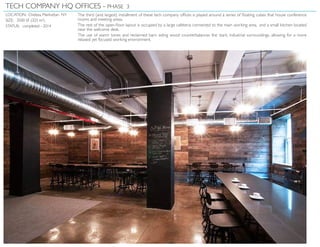 TECH COMPANY HQ OFFICES - PHASE 3
LOCATION: Chelsea, Manhattan NY
SIZE: 3500 SF (325 m2
)
STATUS: completed - 2014
The third (and largest) installment of these tech company offices is played around a series of floating cubes that house conference
rooms and meeting areas.
The rest of the open-floor layout is occupied by a large cafeteria connected to the main working area, and a small kitchen located
near the welcome desk.
The use of warm tones and reclaimed barn siding wood counterbalances the stark, industrial surroundings, allowing for a more
relaxed yet focused working environment.
 