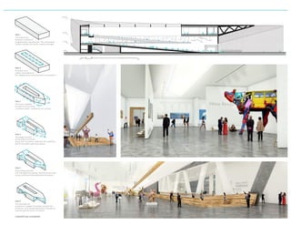 0,00
8,00
30,00
16,00
0 50
1 5 10
Step 1
The preliminary
footprint is based on
programmatic requirements. The surrounding
context dictates the block’s maximum height.
Step 2
A central court
relates the building to
the neighbouring urban texture of court blocks.
Step 3
The form is shaped
to cater to the existing
circulation paths - pedestrian and cycling.
Step 4
The jagged outline
of Soumelinna Fortress,
along with circulation, approach and sightlines,
deﬁne the public gathering spaces.
Step 5
The building extends
over the gathering spaces, identiﬁying the main
access points and strenghthening the plazas.
Step 6
The openings are
sculpted to suggest movement towards the
entrances, as to guide pedestrians and patrons
towards speciﬁc points of interest.
CONCEPTUAL DIAGRAMS
 