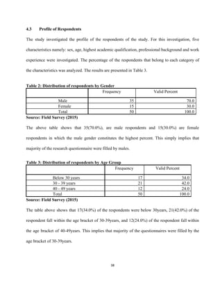4.3  Profile of Respondents  
The study investigated the profile of the respondents of the study. For this investigation, five                             
characteristics namely: sex, age, highest academic qualification, professional background and work                     
experience were investigated. The percentage of the respondents that belong to each category of                           
the characteristics was analyzed. The results are presented in Table 3. 
 
Table 2: Distribution of respondents by Gender 
   Frequency  Valid Percent 
  Male  35  70.0 
   Female  15  30.0 
   Total  50  100.0 
Source: Field Survey (2015) 
The above table shows that 35(70.0%), are male respondents and 15(30.0%) are female                         
respondents in which the male gender constitutes the highest percent. This simply implies that                           
majority of the research questionnaire were filled by males. 
Table 3: Distribution of respondents by Age Group 
   Frequency  Valid Percent 
  Below 30 years  17  34.0 
   30 ­ 39 years  21  42.0 
   40 ­ 49 years  12  24.0 
   Total  50  100.0 
Source: Field Survey (2015) 
The table above shows that 17(34.0%) of the respondents were below 30years, 21(42.0%) of the                             
respondent fall within the age bracket of 30­39years, and 12(24.0%) of the respondent fall within                             
the age bracket of 40­49years. This implies that majority of the questionnaires were filled by the                               
age bracket of 30­39years. 
 
38 
 
 