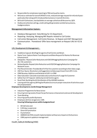  Responsible forcompliance reportingtoTRAIand qualitymatrix.
 Refundco-ordinate foroverallUPEASTcircle,reducedaverage requestforrefundof post-
paidsubscriberalongwithintroducedbestprocessinoverall 23circles.
 Bill tobill Collections,low baddebtsonaverage collections&Recoveries,QCR.
 Outboundcollectioncallings,creditcalling,bill generationanddeliveryprocess,
leadgenerations
Management Information System:-
 Database Management: Data Mining for CS-Department .
 Reporting: Analyzing, Managing MIS Reports related to Call Centre.
 Call centre Management: Call Centre Revenue , SL Repeat and CSAT Management
 Communication: Promotional Offer base management on Request URL for ICC &
OCC.
URL Development & Management:-.
 Vodafone Capsule:Briefingsforagentsof Call Centre andRetail.
 Name Tune:Capture Name Tune RequestsandNew RequestforNamesforRevenue
Enhancement.
 Datapedia: RepeatCallerReductionandICR/ICMtaggingReductionCampaignfor
2G / 3G customers.
 Networkpedia:RepeatCallerReductionandICR/ICMtaggingReductionCampaignfor
Networkissues.
 PlanRecommender:ProvidesBestFitPlanforcustomeraccordingto theirdata usage.
 ASKYour Query:ResolutionandSuggestionstoDataexpertteamfromUPE Circle.
 CRM Revamp:AdditionandDeletionof LOV’sinCRM
 Data Calculator:Calculate exactdatavalue andamountof usage forCustomer.
 SafetyTipinVF Capsule:SafetytipstoCall Centre agent.
 Rural Paid:Buildingthe billdistributionof the ADVMS locations
 Liaisingwiththe agency(Billing/verification)toensure properexecutionof activitiesasper
the proposedplan.
Employee Development,Cost& Change Management
 InductionProgramme forNewJoinee
 Ensuringtrainingneedsof teamforperformance enhancementandoverall development
 Team Bonding
 Ensuringqualityaudits&process
 Employee attritionatagencies<10%
Ensuring followingcostare within budgetedlevel
 Bill deliverycost
 0-30 days suspension
 Greenbill promotion
 SI promotion
 AMDOCS & CPOS smoothimplementationwithoutanyimpactonthe business
 CRM paymentupdationmanagement

Health, Safety & Wellbeing (HSW)
 