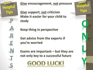 O
N
L
Y
Give encouragement, not pressure
Give support, not criticism
Make it easier for your child to
study
Keep thing in perspective
Get advice from the experts if
you’re worried
Exams are important – but they are
not only key to a successful future
 