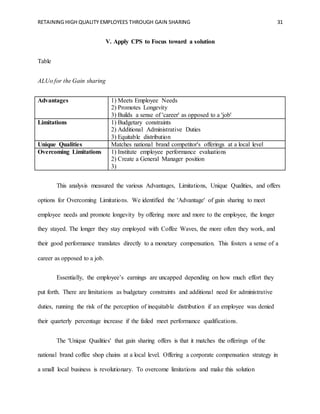 RETAINING HIGH QUALITY EMPLOYEES THROUGH GAIN SHARING 31
V. Apply CPS to Focus toward a solution
Table
ALUo for the Gain sharing
Advantages 1) Meets Employee Needs
2) Promotes Longevity
3) Builds a sense of 'career' as opposed to a 'job'
Limitations 1) Budgetary constraints
2) Additional Administrative Duties
3) Equitable distribution
Unique Qualities Matches national brand competitor's offerings at a local level
Overcoming Limitations 1) Institute employee performance evaluations
2) Create a General Manager position
3)
This analysis measured the various Advantages, Limitations, Unique Qualities, and offers
options for Overcoming Limitations. We identified the 'Advantage' of gain sharing to meet
employee needs and promote longevity by offering more and more to the employee, the longer
they stayed. The longer they stay employed with Coffee Waves, the more often they work, and
their good performance translates directly to a monetary compensation. This fosters a sense of a
career as opposed to a job.
Essentially, the employee’s earnings are uncapped depending on how much effort they
put forth. There are limitations as budgetary constraints and additional need for administrative
duties, running the risk of the perception of inequitable distribution if an employee was denied
their quarterly percentage increase if the failed meet performance qualifications.
The 'Unique Qualities' that gain sharing offers is that it matches the offerings of the
national brand coffee shop chains at a local level. Offering a corporate compensation strategy in
a small local business is revolutionary. To overcome limitations and make this solution
 