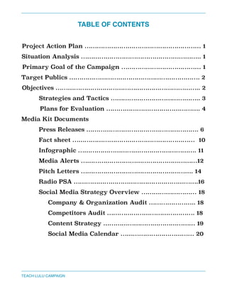 TABLE OF CONTENTS
Project Action Plan ………………………………………………… 1
Situation Analysis ………………………………………………….. 1
Primary Goal of the Campaign ………………………………… 1
Target Publics ………………………………………………………. 2
Objectives …………………………………………………………….. 2
Strategies and Tactics …………………………………….. 3
Plans for Evaluation ………………………………………. 4
Media Kit Documents
Press Releases ………………………………………………. 6
Fact sheet …………………………………………………… 10
Infographic …………………………………………………. 11
Media Alerts …………………………………………………12
Pitch Letters ………………………………………………. 14
Radio PSA …………………………………………………….16
Social Media Strategy Overview ……………………… 18
Company & Organization Audit ………………….. 18
Competitors Audit ……………………………………. 18
Content Strategy ……………………………………… 19
Social Media Calendar ……………………………… 20
TEACH LULU CAMPAIGN
 