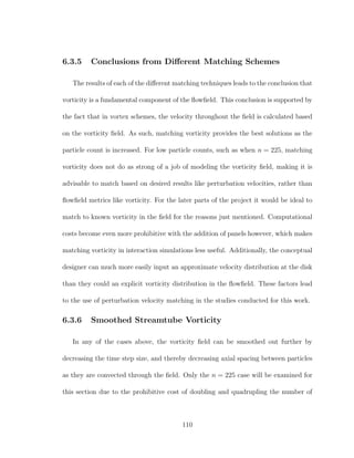 6.3.5 Conclusions from Diﬀerent Matching Schemes
The results of each of the diﬀerent matching techniques leads to the conclusion that
vorticity is a fundamental component of the ﬂowﬁeld. This conclusion is supported by
the fact that in vortex schemes, the velocity throughout the ﬁeld is calculated based
on the vorticity ﬁeld. As such, matching vorticity provides the best solutions as the
particle count is increased. For low particle counts, such as when n = 225, matching
vorticity does not do as strong of a job of modeling the vorticity ﬁeld, making it is
advisable to match based on desired results like perturbation velocities, rather than
ﬂowﬁeld metrics like vorticity. For the later parts of the project it would be ideal to
match to known vorticity in the ﬁeld for the reasons just mentioned. Computational
costs become even more prohibitive with the addition of panels however, which makes
matching vorticity in interaction simulations less useful. Additionally, the conceptual
designer can much more easily input an approximate velocity distribution at the disk
than they could an explicit vorticity distribution in the ﬂowﬁeld. These factors lead
to the use of perturbation velocity matching in the studies conducted for this work.
6.3.6 Smoothed Streamtube Vorticity
In any of the cases above, the vorticity ﬁeld can be smoothed out further by
decreasing the time step size, and thereby decreasing axial spacing between particles
as they are convected through the ﬁeld. Only the n = 225 case will be examined for
this section due to the prohibitive cost of doubling and quadrupling the number of
110
 