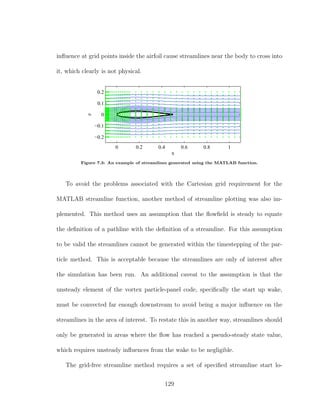 inﬂuence at grid points inside the airfoil cause streamlines near the body to cross into
it, which clearly is not physical.
0 0.2 0.4 0.6 0.8 1
−0.2
−0.1
0
0.1
0.2
x
z
Figure 7.3: An example of streamlines generated using the MATLAB function.
To avoid the problems associated with the Cartesian grid requirement for the
MATLAB streamline function, another method of streamline plotting was also im-
plemented. This method uses an assumption that the ﬂowﬁeld is steady to equate
the deﬁnition of a pathline with the deﬁnition of a streamline. For this assumption
to be valid the streamlines cannot be generated within the timestepping of the par-
ticle method. This is acceptable because the streamlines are only of interest after
the simulation has been run. An additional caveat to the assumption is that the
unsteady element of the vortex particle-panel code, speciﬁcally the start up wake,
must be convected far enough downstream to avoid being a major inﬂuence on the
streamlines in the area of interest. To restate this in another way, streamlines should
only be generated in areas where the ﬂow has reached a pseudo-steady state value,
which requires unsteady inﬂuences from the wake to be negligible.
The grid-free streamline method requires a set of speciﬁed streamline start lo-
129
 