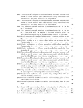10.6 Comparison of Conﬁguration 1 experimentally measured pressure coef-
ﬁcients at nacelle pressure ports with computationally calculated values
from the APAME panel code with the propeller on. . . . . . . . . . . 175
10.7 Comparison of Conﬁguration 1 experimentally measured pressure coef-
ﬁcients at nacelle pressure ports with computationally calculated values
from the APAME panel code with the propeller on. . . . . . . . . . . 176
10.8 Fully convected particle locations around Conﬁguration 2 at the end
of 31 time steps. . . . . . . . . . . . . . . . . . . . . . . . . . . . . . . 177
10.9 Fully convected particle locations around Conﬁguration 2 at the end
of 31 time steps, with the positive Vφ direction indicated, where the
propeller rotation direction is the same as the positive Vφ direction. . 178
10.10Aerodynamic coeﬃcients for Conﬁguration 2 without stretching turned
on. . . . . . . . . . . . . . . . . . . . . . . . . . . . . . . . . . . . . . 178
10.11Velocity proﬁles at x = 10mm, close behind the actuator disk for
Conﬁguration 2. . . . . . . . . . . . . . . . . . . . . . . . . . . . . . . 179
10.12Velocity proﬁles at x = 525mm, around the middle of the nacelle for
Conﬁguration 2. . . . . . . . . . . . . . . . . . . . . . . . . . . . . . . 180
10.13Velocity proﬁles at x = 925mm, near the end of the nacelle for Con-
ﬁguration 2. . . . . . . . . . . . . . . . . . . . . . . . . . . . . . . . . 181
10.14Comparison of Conﬁguration 2 experimentally measured pressure coef-
ﬁcients at nacelle pressure ports with computationally calculated values
from the APAME panel code with the propeller on. . . . . . . . . . . 183
10.15Comparison of Conﬁguration 2 experimentally measured pressure coef-
ﬁcients at nacelle pressure ports with computationally calculated values
from the APAME panel code with the propeller on. . . . . . . . . . . 184
10.16Comparison of Conﬁguration 2 experimentally measured pressure coef-
ﬁcients at wing pressure ports with computationally calculated values
from the APAME panel code with the propeller on. . . . . . . . . . . 187
10.17Fully convected particle locations around a channel wing at the end of
25 time steps with stretching at the onset of instability. . . . . . . . . 188
10.18Aerodynamic coeﬃcients for a channel wing conﬁguration with and
without stretching turned on. . . . . . . . . . . . . . . . . . . . . . . 189
10.19Pressure coeﬃcient distribution around a channel wing prior to acti-
vation of the actuator disk. . . . . . . . . . . . . . . . . . . . . . . . . 190
10.20Pressure coeﬃcient distribution around a channel wing after 25 time
steps. . . . . . . . . . . . . . . . . . . . . . . . . . . . . . . . . . . . . 190
D.1 Survey with corresponding velocity vectors relative to arbitrarily ori-
ented panel with a constant strength source element. . . . . . . . . . 243
D.2 Panel coordinate vectors and point of interest vector. . . . . . . . . . 245
D.3 Vectors corresponding to current panel side. . . . . . . . . . . . . . . 249
xv
 