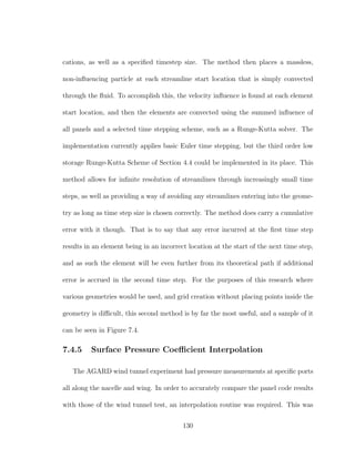 cations, as well as a speciﬁed timestep size. The method then places a massless,
non-inﬂuencing particle at each streamline start location that is simply convected
through the ﬂuid. To accomplish this, the velocity inﬂuence is found at each element
start location, and then the elements are convected using the summed inﬂuence of
all panels and a selected time stepping scheme, such as a Runge-Kutta solver. The
implementation currently applies basic Euler time stepping, but the third order low
storage Runge-Kutta Scheme of Section 4.4 could be implemented in its place. This
method allows for inﬁnite resolution of streamlines through increasingly small time
steps, as well as providing a way of avoiding any streamlines entering into the geome-
try as long as time step size is chosen correctly. The method does carry a cumulative
error with it though. That is to say that any error incurred at the ﬁrst time step
results in an element being in an incorrect location at the start of the next time step,
and as such the element will be even further from its theoretical path if additional
error is accrued in the second time step. For the purposes of this research where
various geometries would be used, and grid creation without placing points inside the
geometry is diﬃcult, this second method is by far the most useful, and a sample of it
can be seen in Figure 7.4.
7.4.5 Surface Pressure Coeﬃcient Interpolation
The AGARD wind tunnel experiment had pressure measurements at speciﬁc ports
all along the nacelle and wing. In order to accurately compare the panel code results
with those of the wind tunnel test, an interpolation routine was required. This was
130
 