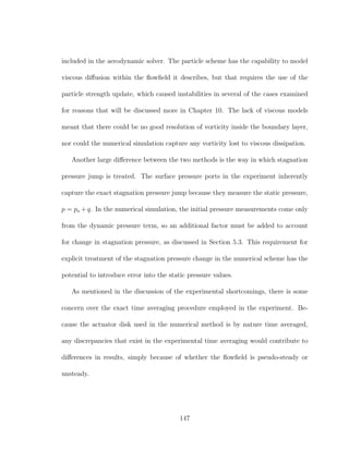 included in the aerodynamic solver. The particle scheme has the capability to model
viscous diﬀusion within the ﬂowﬁeld it describes, but that requires the use of the
particle strength update, which caused instabilities in several of the cases examined
for reasons that will be discussed more in Chapter 10. The lack of viscous models
meant that there could be no good resolution of vorticity inside the boundary layer,
nor could the numerical simulation capture any vorticity lost to viscous dissipation.
Another large diﬀerence between the two methods is the way in which stagnation
pressure jump is treated. The surface pressure ports in the experiment inherently
capture the exact stagnation pressure jump because they measure the static pressure,
p = po + q. In the numerical simulation, the initial pressure measurements come only
from the dynamic pressure term, so an additional factor must be added to account
for change in stagnation pressure, as discussed in Section 5.3. This requirement for
explicit treatment of the stagnation pressure change in the numerical scheme has the
potential to introduce error into the static pressure values.
As mentioned in the discussion of the experimental shortcomings, there is some
concern over the exact time averaging procedure employed in the experiment. Be-
cause the actuator disk used in the numerical method is by nature time averaged,
any discrepancies that exist in the experimental time averaging would contribute to
diﬀerences in results, simply because of whether the ﬂowﬁeld is pseudo-steady or
unsteady.
147
 