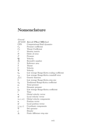 Nomenclature
General
APAME Aircraft PAnel MEethod
CFD Computational ﬂuid dynamics
Cp Pressure coeﬃcient
CT Thrust Coeﬃcient
I Identity matrix
O Order of error
P Pressure
Q Velocity
Re Reynold’s number
S Reference area
T Thrust
U Velocity
V Velocity
b# Low storage Runge-Kutta scaling coeﬃcient
e# Low storage Runge-Kutta roundoﬀ error
f(x) Generic function
˜h Low storage Runge-Kutta step size
k# Traditional Runge-Kutta coeﬃcient
po Total pressure
q Dynamic pressure
q# Low storage Runge-Kutta coeﬃcient
t Time
u Global velocity vector
u Local velocity vector
(u, v, w) Global velocity components
x Position vector
x Local position vector
(x, y, z) Coordinate components
Del operator
ρ Density
∆ Finite diﬀerence step size
xvii
 