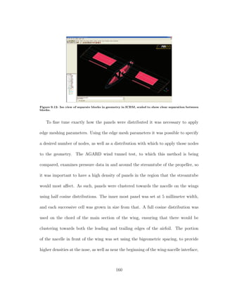 Figure 9.12: Iso view of separate blocks in geometry in ICEM, scaled to show clear separation between
blocks.
To ﬁne tune exactly how the panels were distributed it was necessary to apply
edge meshing parameters. Using the edge mesh parameters it was possible to specify
a desired number of nodes, as well as a distribution with which to apply those nodes
to the geometry. The AGARD wind tunnel test, to which this method is being
compared, examines pressure data in and around the streamtube of the propeller, so
it was important to have a high density of panels in the region that the streamtube
would most aﬀect. As such, panels were clustered towards the nacelle on the wings
using half cosine distributions. The inner most panel was set at 5 millimeter width,
and each successive cell was grown in size from that. A full cosine distribution was
used on the chord of the main section of the wing, ensuring that there would be
clustering towards both the leading and trailing edges of the airfoil. The portion
of the nacelle in front of the wing was set using the bigeometric spacing, to provide
higher densities at the nose, as well as near the beginning of the wing-nacelle interface,
160
 