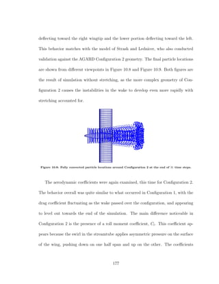 deﬂecting toward the right wingtip and the lower portion deﬂecting toward the left.
This behavior matches with the model of Strash and Lednicer, who also conducted
validation against the AGARD Conﬁguration 2 geometry. The ﬁnal particle locations
are shown from diﬀerent viewpoints in Figure 10.8 and Figure 10.9. Both ﬁgures are
the result of simulation without stretching, as the more complex geometry of Con-
ﬁguration 2 causes the instabilities in the wake to develop even more rapidly with
stretching accounted for.
Figure 10.8: Fully convected particle locations around Conﬁguration 2 at the end of 31 time steps.
The aerodynamic coeﬃcients were again examined, this time for Conﬁguration 2.
The behavior overall was quite similar to what occurred in Conﬁguration 1, with the
drag coeﬃcient ﬂuctuating as the wake passed over the conﬁguration, and appearing
to level out towards the end of the simulation. The main diﬀerence noticeable in
Conﬁguration 2 is the presence of a roll moment coeﬃcient, Cl. This coeﬃcient ap-
pears because the swirl in the streamtube applies asymmetric pressure on the surface
of the wing, pushing down on one half span and up on the other. The coeﬃcients
177
 