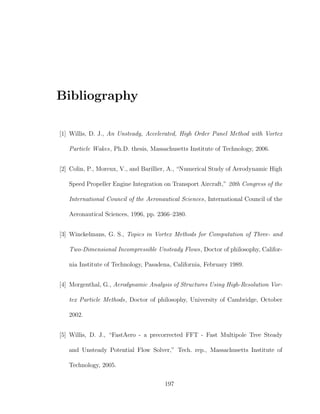 Bibliography
[1] Willis, D. J., An Unsteady, Accelerated, High Order Panel Method with Vortex
Particle Wakes, Ph.D. thesis, Massachusetts Institute of Technology, 2006.
[2] Colin, P., Moreux, V., and Barillier, A., “Numerical Study of Aerodynamic High
Speed Propeller Engine Integration on Transport Aircraft,” 20th Congress of the
International Council of the Aeronautical Sciences, International Council of the
Aeronautical Sciences, 1996, pp. 2366–2380.
[3] Winckelmans, G. S., Topics in Vortex Methods for Computation of Three- and
Two-Dimensional Incompressible Unsteady Flows, Doctor of philosophy, Califor-
nia Institute of Technology, Pasadena, California, February 1989.
[4] Morgenthal, G., Aerodynamic Analysis of Structures Using High-Resolution Vor-
tex Particle Methods, Doctor of philosophy, University of Cambridge, October
2002.
[5] Willis, D. J., “FastAero - a precorrected FFT - Fast Multipole Tree Steady
and Unsteady Potential Flow Solver,” Tech. rep., Massachusetts Institute of
Technology, 2005.
197
 