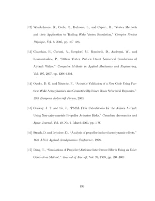 [12] Winckelmans, G., Cocle, R., Dufresne, L., and Capart, R., “Vortex Methods
and their Application to Trailing Wake Vortex Simulation,” Comptes Rendus
Physique, Vol. 6, 2005, pp. 467–486.
[13] Chatelain, P., Curioni, A., Bergdorf, M., Rossinelli, D., Andreoni, W., and
Koumoutsakos, P., “Billion Vortex Particle Direct Numerical Simulations of
Aircraft Wakes,” Computer Methods in Applied Mechanics and Engineering,
Vol. 197, 2007, pp. 1296–1304.
[14] Opoku, D. G. and Nitzsche, F., “Acoustic Validation of a New Code Using Par-
ticle Wake Aerodynamics and Geometrically-Exact Beam Structural Dnyamics,”
29th European Rotorcraft Forum, 2003.
[15] Conway, J. T. and Su, J., “PMAL Flow Calculations for the Aurora Aircraft
Using Non-axisymmetric Propeller Actuator Disks,” Canadian Aeronautics and
Space Journal, Vol. 49, No. 1, March 2003, pp. 1–9.
[16] Strash, D. and Lednicer, D., “Analysis of propeller-induced aerodynamic eﬀects,”
16th AIAA Applied Aerodynamics Conference, 1998.
[17] Dang, T., “Simulations of Propeller/Airframe Interference Eﬀects Using an Euler
Corrrection Method,” Journal of Aircraft, Vol. 26, 1989, pp. 994–1001.
199
 