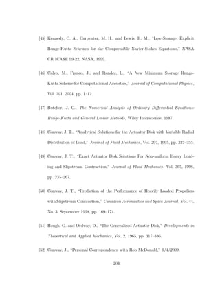 [45] Kennedy, C. A., Carpenter, M. H., and Lewis, R. M., “Low-Storage, Explicit
Runge-Kutta Schemes for the Compressible Navier-Stokes Equations,” NASA
CR ICASE 99-22, NASA, 1999.
[46] Calvo, M., Franco, J., and Randez, L., “A New Minimum Storage Runge-
Kutta Scheme for Computational Acoustics,” Journal of Computational Physics,
Vol. 201, 2004, pp. 1–12.
[47] Butcher, J. C., The Numerical Analysis of Ordinary Diﬀerential Equations:
Runge-Kutta and General Linear Methods, Wiley Interscience, 1987.
[48] Conway, J. T., “Analytical Solutions for the Actuator Disk with Variable Radial
Distribution of Load,” Journal of Fluid Mechanics, Vol. 297, 1995, pp. 327–355.
[49] Conway, J. T., “Exact Actuator Disk Solutions For Non-uniform Heavy Load-
ing and Slipstream Contraction,” Journal of Fluid Mechanics, Vol. 365, 1998,
pp. 235–267.
[50] Conway, J. T., “Prediction of the Performance of Heavily Loaded Propellers
with Slipstream Contraction,” Canadian Aeronautics and Space Journal, Vol. 44,
No. 3, September 1998, pp. 169–174.
[51] Hough, G. and Ordway, D., “The Generalized Actuator Disk,” Developments in
Theoertical and Applied Mechanics, Vol. 2, 1965, pp. 317–336.
[52] Conway, J., “Personal Correspondence with Rob McDonald,” 9/4/2009.
204
 
