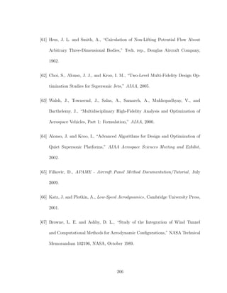 [61] Hess, J. L. and Smith, A., “Calculation of Non-Lifting Potential Flow About
Arbitrary Three-Dimensional Bodies,” Tech. rep., Douglas Aircraft Company,
1962.
[62] Choi, S., Alonso, J. J., and Kroo, I. M., “Two-Level Multi-Fidelity Design Op-
timization Studies for Supersonic Jets,” AIAA, 2005.
[63] Walsh, J., Townsend, J., Salas, A., Samareh, A., Mukhopadhyay, V., and
Barthelemy, J., “Multidisciplinary High-Fidelity Analysis and Optimization of
Aerospace Vehicles, Part 1: Formulation,” AIAA, 2000.
[64] Alonso, J. and Kroo, I., “Advanced Algorithms for Design and Optimization of
Quiet Supersonic Platforms,” AIAA Aerospace Sciences Meeting and Exhibit,
2002.
[65] Filkovic, D., APAME - Aircraft Panel Method Documentation/Tutorial, July
2009.
[66] Katz, J. and Plotkin, A., Low-Speed Aerodynamics, Cambridge University Press,
2001.
[67] Browne, L. E. and Ashby, D. L., “Study of the Integration of Wind Tunnel
and Computational Methods for Aerodynamic Conﬁgurations,” NASA Technical
Memorandum 102196, NASA, October 1989.
206
 