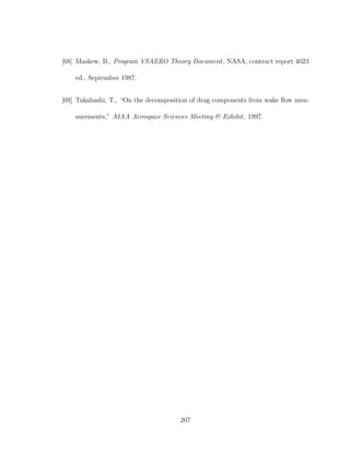 [68] Maskew, B., Program VSAERO Theory Document, NASA, contract report 4023
ed., September 1987.
[69] Takahashi, T., “On the decomposition of drag components from wake ﬂow mea-
surements,” AIAA Aerospace Sciences Meeting & Exhibit, 1997.
207
 