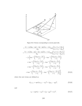 Rcj
m
n
l
b
a
s
sl
sm
al
am
Figure D.3: Vectors corresponding to current panel side.
+
(x − x3)(y4 − y3) − (y − y3)(x4 − x3)
d34
log
r3 + r4 + d34
r3 + r4 − d34
+
(x − x4)(y1 − y4) − (y − y4)(x1 − x4)
d41
log
r4 + r1 + d41
r4 + r1 − d41
− |z| tan−1 m12 e1 − h1
z r1
− tan−1 m12 e2 − h2
z r2
+ tan−1 m23 e2 − h2
z r2
− tan−1 m23 e3 − h3
z r3
+ tan−1 m34 e3 − h3
z r3
− tan−1 m34 e4 − h4
z r4
+ tan−1 m41 e4 − h4
z r4
− tan−1 m41 e1 − h1
z r1
, (D.25)
where the new terms are deﬁned as
dk k+1 = sqrt(xk+1 − xk)2
+ (yk+1 − yk)2
, (D.26)
and
rk = sqrt(x − xk)2
+ (y − yk)2
+ (z)2
. (D.27)
249
 