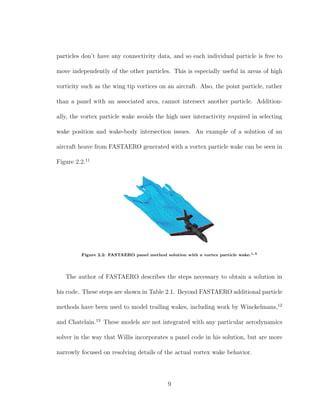particles don’t have any connectivity data, and so each individual particle is free to
move independently of the other particles. This is especially useful in areas of high
vorticity such as the wing tip vortices on an aircraft. Also, the point particle, rather
than a panel with an associated area, cannot intersect another particle. Addition-
ally, the vortex particle wake avoids the high user interactivity required in selecting
wake position and wake-body intersection issues. An example of a solution of an
aircraft heave from FASTAERO generated with a vortex particle wake can be seen in
Figure 2.2.11
Figure 2.2: FASTAERO panel method solution with a vortex particle wake.1, 5
The author of FASTAERO describes the steps necessary to obtain a solution in
his code. These steps are shown in Table 2.1. Beyond FASTAERO additional particle
methods have been used to model trailing wakes, including work by Winckelmans,12
and Chatelain.13
These models are not integrated with any particular aerodynamics
solver in the way that Willis incorporates a panel code in his solution, but are more
narrowly focused on resolving details of the actual vortex wake behavior.
9
 