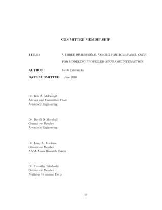 COMMITTEE MEMBERSHIP
TITLE : A THREE DIMENSIONAL VORTEX PARTICLE-PANEL CODE
FOR MODELING PROPELLER-AIRFRAME INTERACTION
AUTHOR: Jacob Calabretta
DATE SUBMITTED: June 2010
Dr. Rob A. McDonald
Advisor and Committee Chair
Aerospace Engineering
Dr. David D. Marshall
Committee Member
Aerospace Engineering
Dr. Larry L. Erickson
Committee Member
NASA-Ames Research Center
Dr. Timothy Takahashi
Committee Member
Northrop Grumman Corp.
iii
 