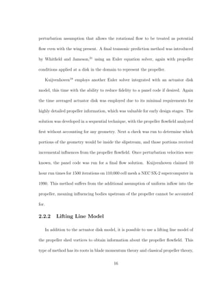 perturbation assumption that allows the rotational ﬂow to be treated as potential
ﬂow even with the wing present. A ﬁnal transonic prediction method was introduced
by Whitﬁeld and Jameson,21
using an Euler equation solver, again with propeller
conditions applied at a disk in the domain to represent the propeller.
Kuijvenhoven18
employs another Euler solver integrated with an actuator disk
model, this time with the ability to reduce ﬁdelity to a panel code if desired. Again
the time averaged actuator disk was employed due to its minimal requirements for
highly detailed propeller information, which was valuable for early design stages. The
solution was developed in a sequential technique, with the propeller ﬂowﬁeld analyzed
ﬁrst without accounting for any geometry. Next a check was run to determine which
portions of the geometry would be inside the slipstream, and those portions received
incremental inﬂuences from the propeller ﬂowﬁeld. Once perturbation velocities were
known, the panel code was run for a ﬁnal ﬂow solution. Kuijvenhoven claimed 10
hour run times for 1500 iterations on 110,000 cell mesh a NEC SX-2 supercomputer in
1990. This method suﬀers from the additional assumption of uniform inﬂow into the
propeller, meaning inﬂuencing bodies upstream of the propeller cannot be accounted
for.
2.2.2 Lifting Line Model
In addition to the actuator disk model, it is possible to use a lifting line model of
the propeller shed vortices to obtain information about the propeller ﬂowﬁeld. This
type of method has its roots in blade momentum theory and classical propeller theory,
16
 