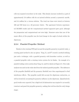 cells was required everywhere in the wake. This density increase resulted in a grid of
approximately 3.8 million cells for an inviscid solution around a symmetric nacelle,
and 8.4 million for a viscous solution. The total run times were stated as between
100 and 250 hours on a 32 processor cluster. The agreement between experimen-
tal AGARD results and the computational method appeared quite good, although
the preparation and computational cost were high. Stuermer notes that one of the
major eﬀects of the propeller was the local change in the angle of attack within the
slipstream.
2.2.4 Paneled Propeller Method
Similar to the rotating CFD grid around the propeller geometry or particle wake, a
rotating panel method is also an option. Yang, Li, and E8
created a method utilizing
just such a technique, with a paneled geometry with horseshoe vortices, as well as
a paneled propeller with a rotating vortex system for its blades. An example of a
paneled trailing vortex system from Yang, Li, and E is shown in Figure 2.5. Free wake
analysis was used on the wake shed from the isolated paneled propeller. The inﬂuences
of the propeller ﬂowﬁeld and the geometry ﬂowﬁeld were then superimposed to ﬁnd
interference eﬀects. The propeller model did account for slipstream contraction, as
well as iteratively accounting for geometry inﬂuence on the slipstream. Quantitatively
good results were reported, but a high level of information was required to accurately
construct and panel the propeller geometry, making this tool less ideal for early design
stages.
19
 